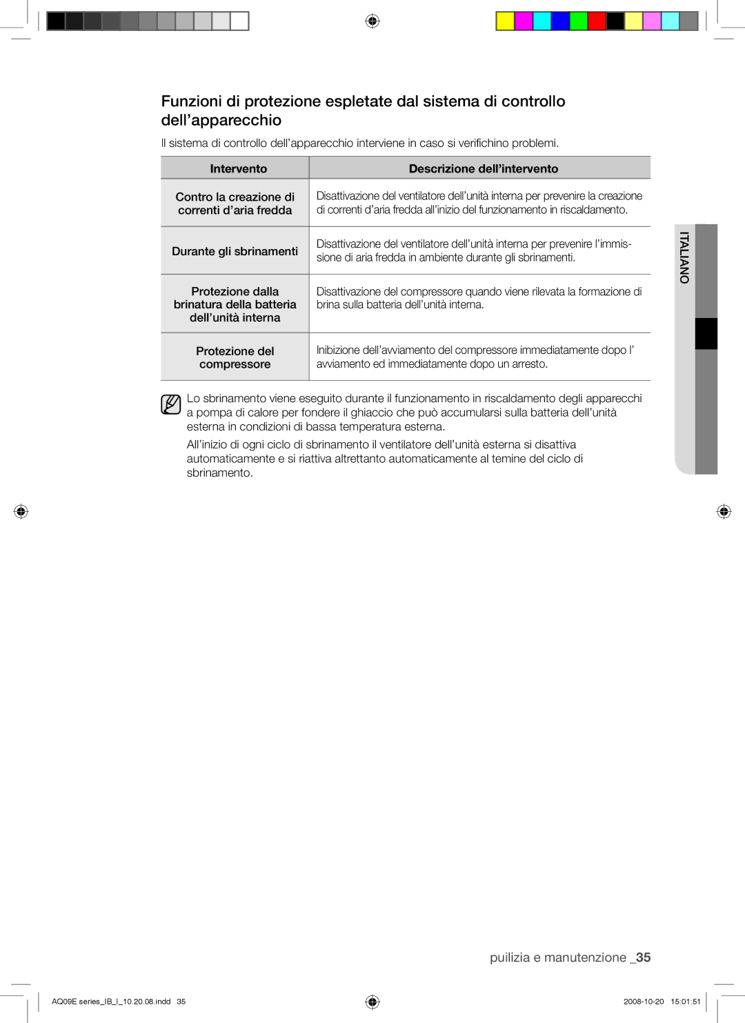 Samsung AQ09EWAN, AQ09EWAX manual Contro la creazione di, Correnti d’aria fredda, Durante gli sbrinamenti, Protezione dalla 