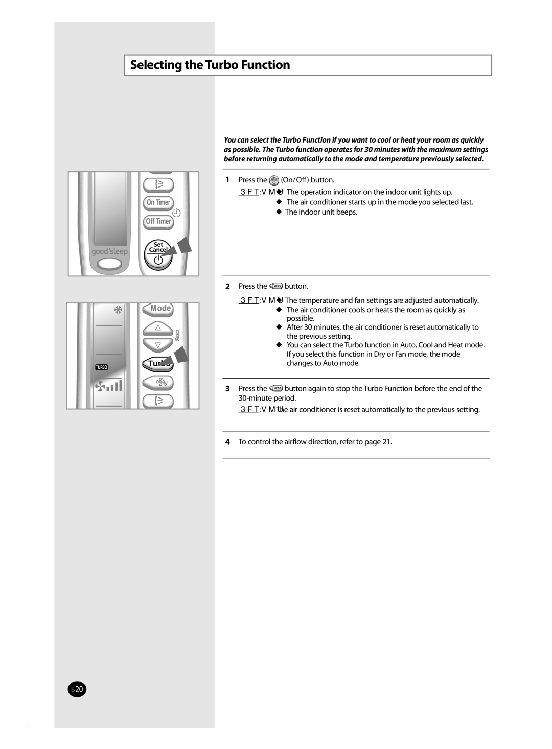 Samsung AQ18FANEUR, AQ09FBX, AQ09FBN, AQ09FAXEUR, AQ09FANEUR, AQ09FAXSEU, AQ18FANSEU manual Selecting the Turbo Function 