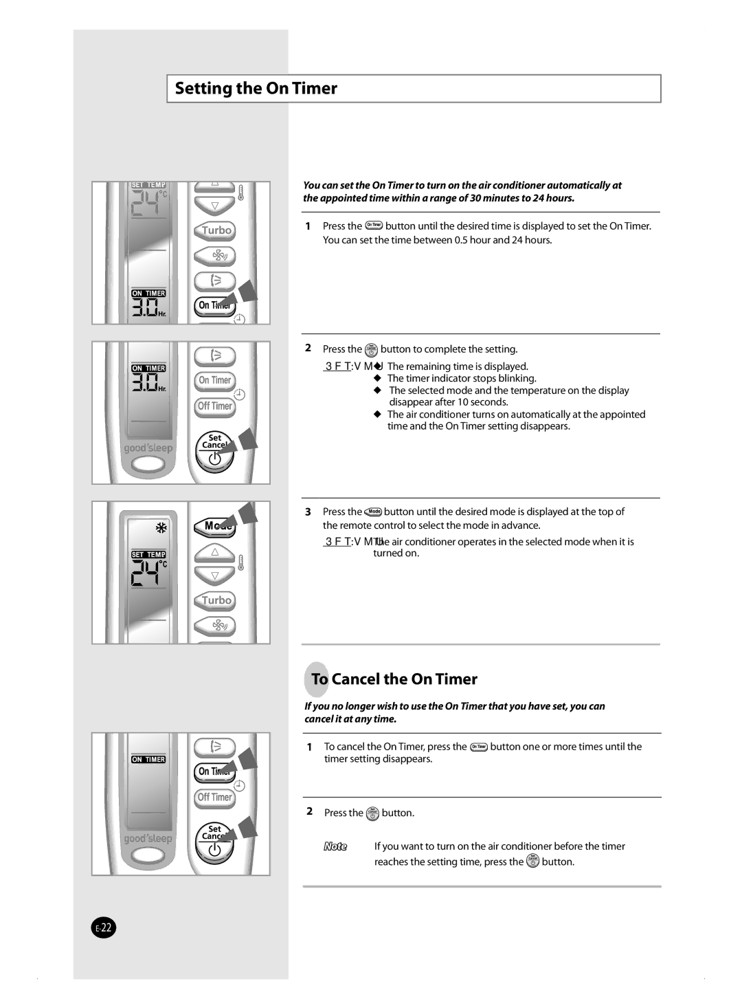 Samsung AQ09FANEUR, AQ09FBX, AQ09FBN, AQ18FANEUR, AQ09FAXEUR, AQ09FAXSEU Setting the On Timer, To Cancel the On Timer 