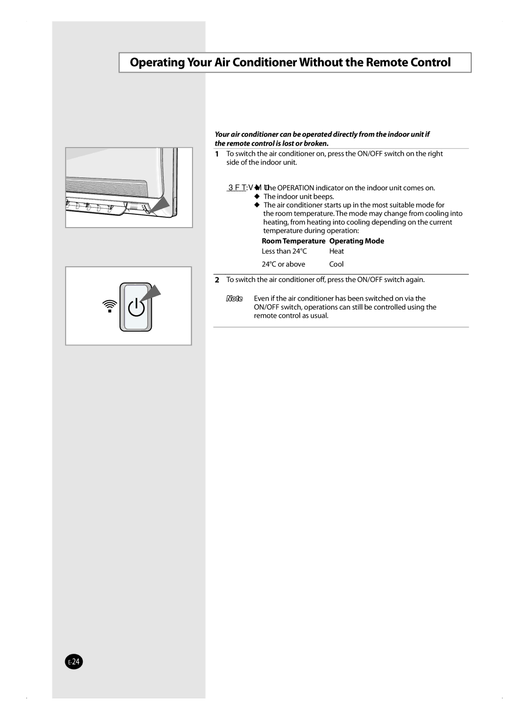 Samsung AQ18FANSEU, AQ09FAN Operating Your Air Conditioner Without the Remote Control, Room Temperature Operating Mode 