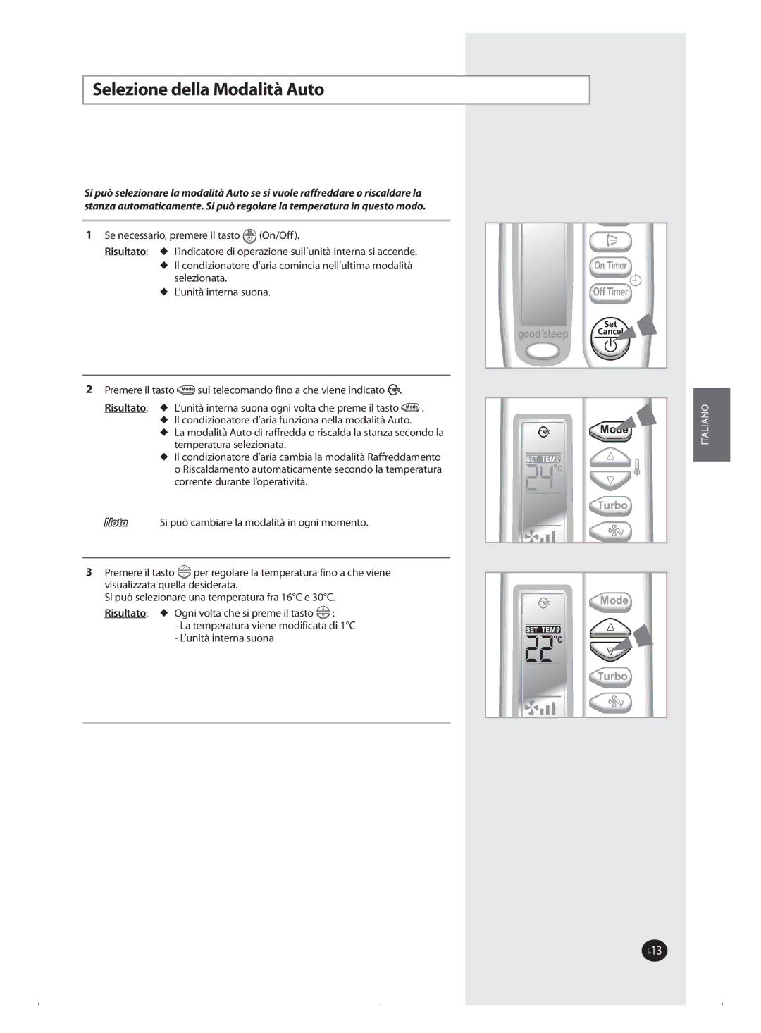 Samsung AQ18FAN, AQ09FAN, AQ09FAX, AQ09FBX, AQ09FBN manual Selezione della Modalità Auto 