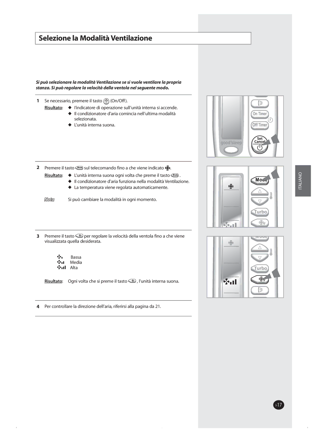 Samsung AQ09FAX, AQ09FAN, AQ18FAN, AQ09FBX, AQ09FBN manual Selezione la Modalità Ventilazione 