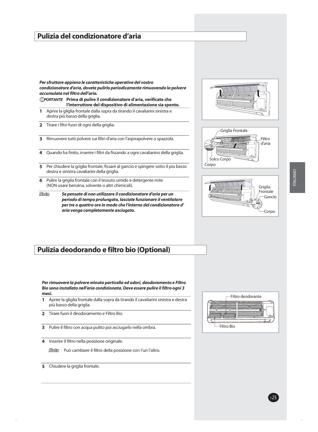 Samsung AQ09FBN, AQ09FAN, AQ09FAX, AQ18FAN manual Pulizia del condizionatore d’aria, Pulizia deodorando e filtro bio Optional 