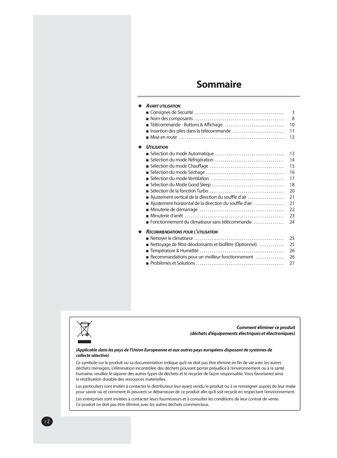 Samsung AQ09FAX, AQ09FAN, AQ18FAN manual Sommaire 