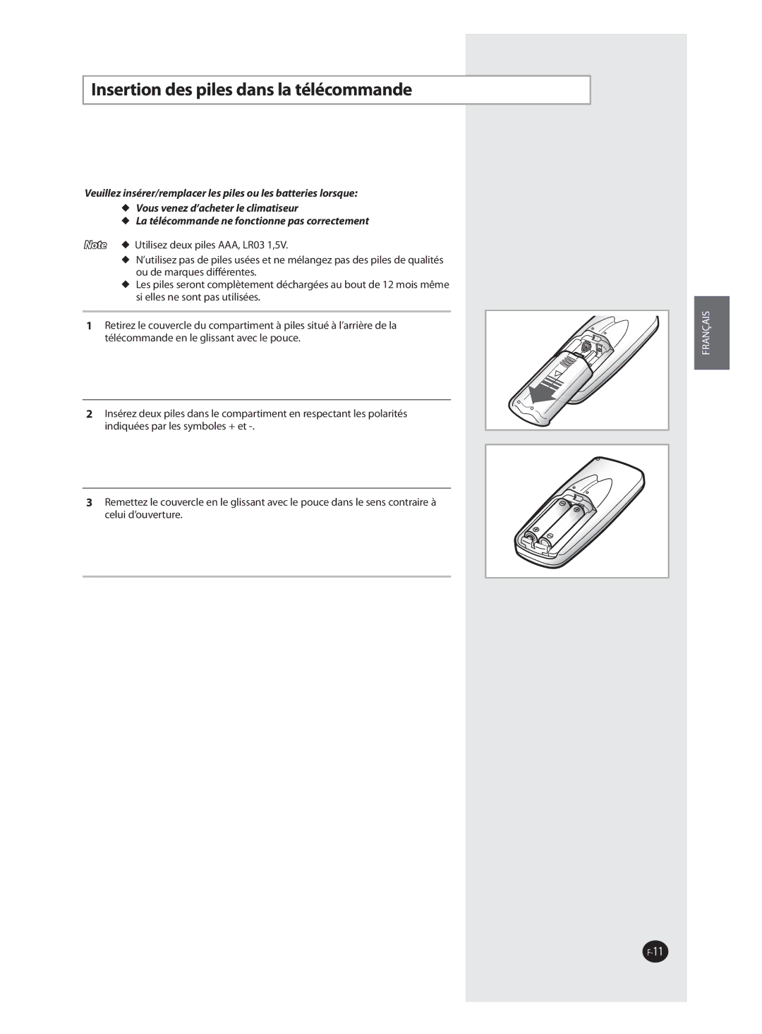 Samsung AQ09FAX, AQ09FAN, AQ18FAN manual Insertion des piles dans la télécommande 