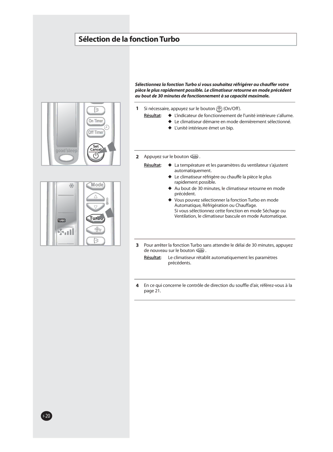 Samsung AQ09FAX, AQ09FAN, AQ18FAN manual Sélection de la fonction Turbo 