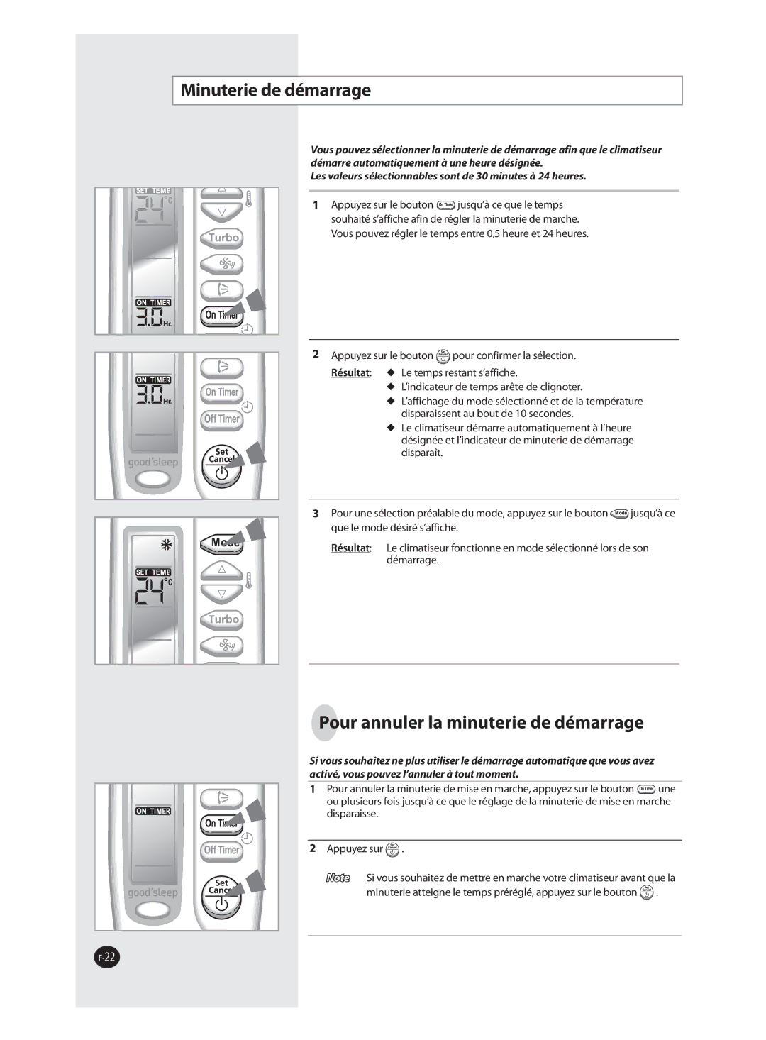 Samsung AQ09FAN, AQ09FAX, AQ18FAN manual Minuterie de démarrage, Pour annuler la minuterie de démarrage, Résultat  