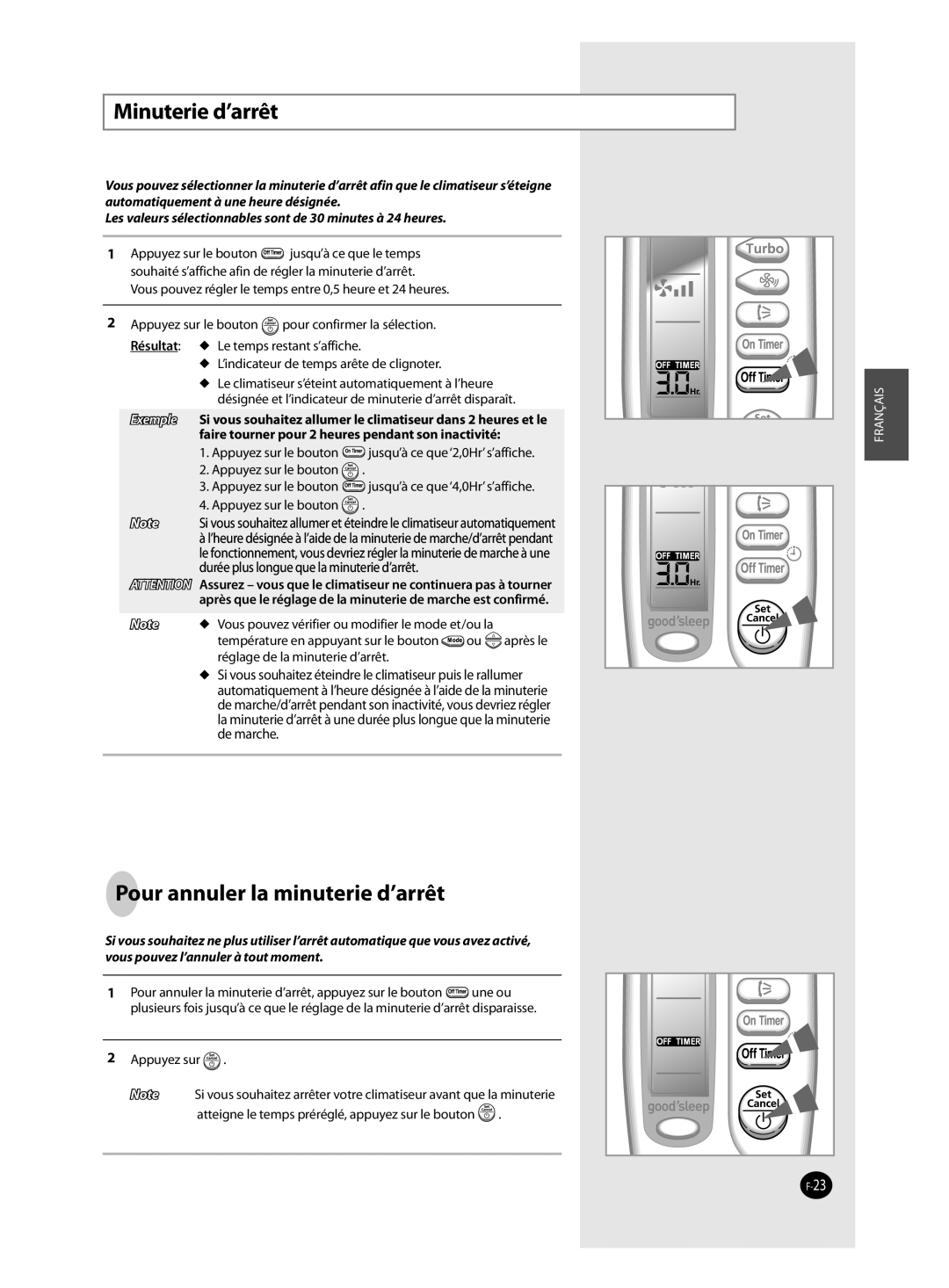 Samsung AQ09FAX, AQ09FAN, AQ18FAN manual Minuterie d’arrêt, Pour annuler la minuterie d’arrêt 