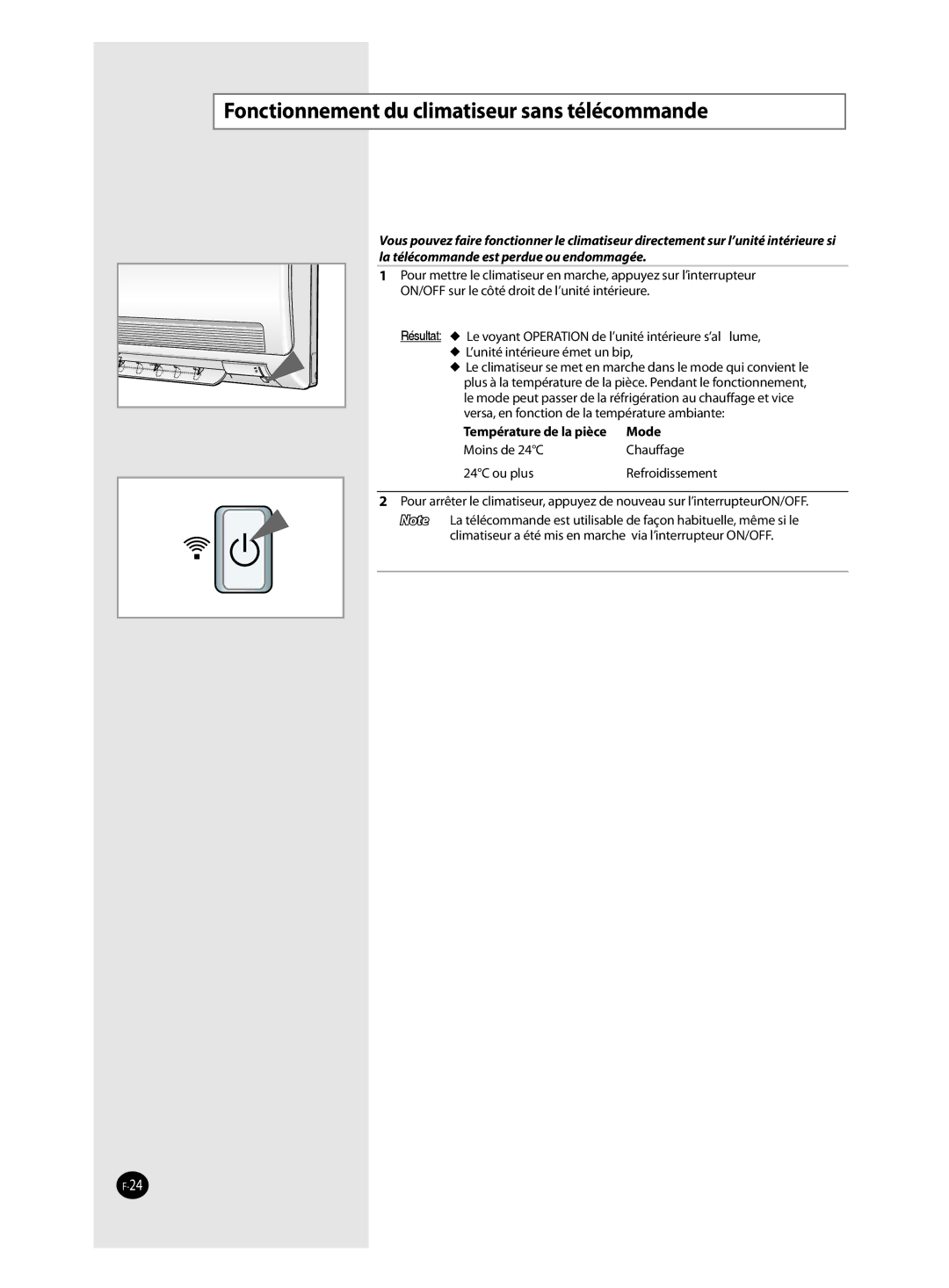 Samsung AQ18FAN, AQ09FAN, AQ09FAX manual Fonctionnement du climatiseur sans télécommande, Mode 