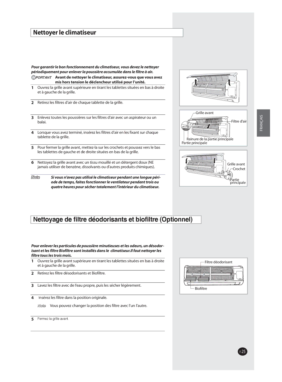 Samsung AQ09FAN, AQ09FAX, AQ18FAN manual Nettoyer le climatiseur, Nettoyage de ﬁltre déodorisants et bioﬁltre Optionnel 