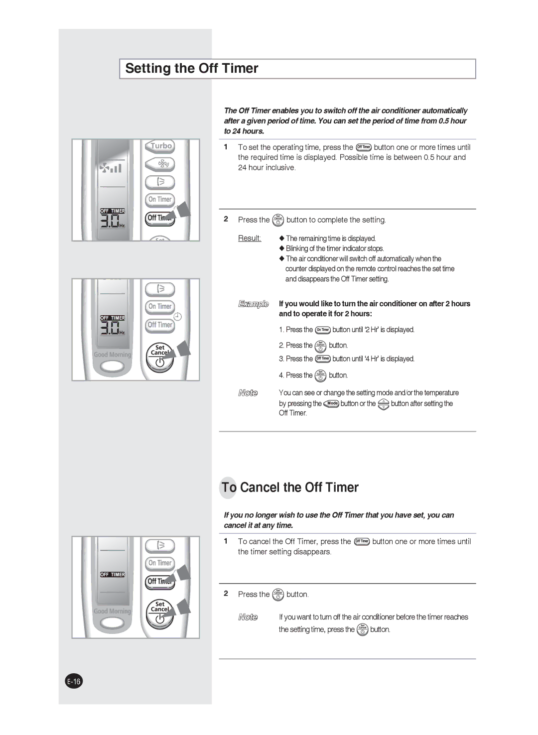 Samsung AQ18FANUMG, AQ09FAN, AQ24FAN, AQ09FAX, AQ12FAN, AQ24FAX manual Setting the Off Timer, To Cancel the Off Timer, Button or 