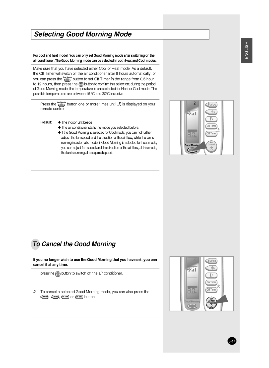 Samsung AQ18FAXXSG, AQ09FAN, AQ24FAN, AQ09FAX, AQ12FAN, AQ24FAX manual Selecting Good Morning Mode, To Cancel the Good Morning 