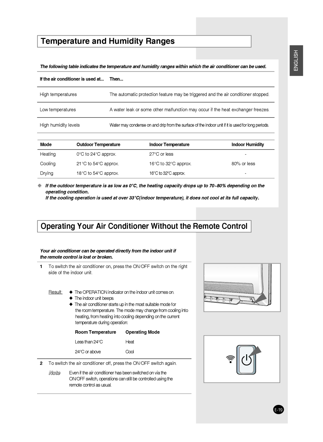 Samsung AQ24FAMID, AQ09FAN manual Temperature and Humidity Ranges, Operating Your Air Conditioner Without the Remote Control 