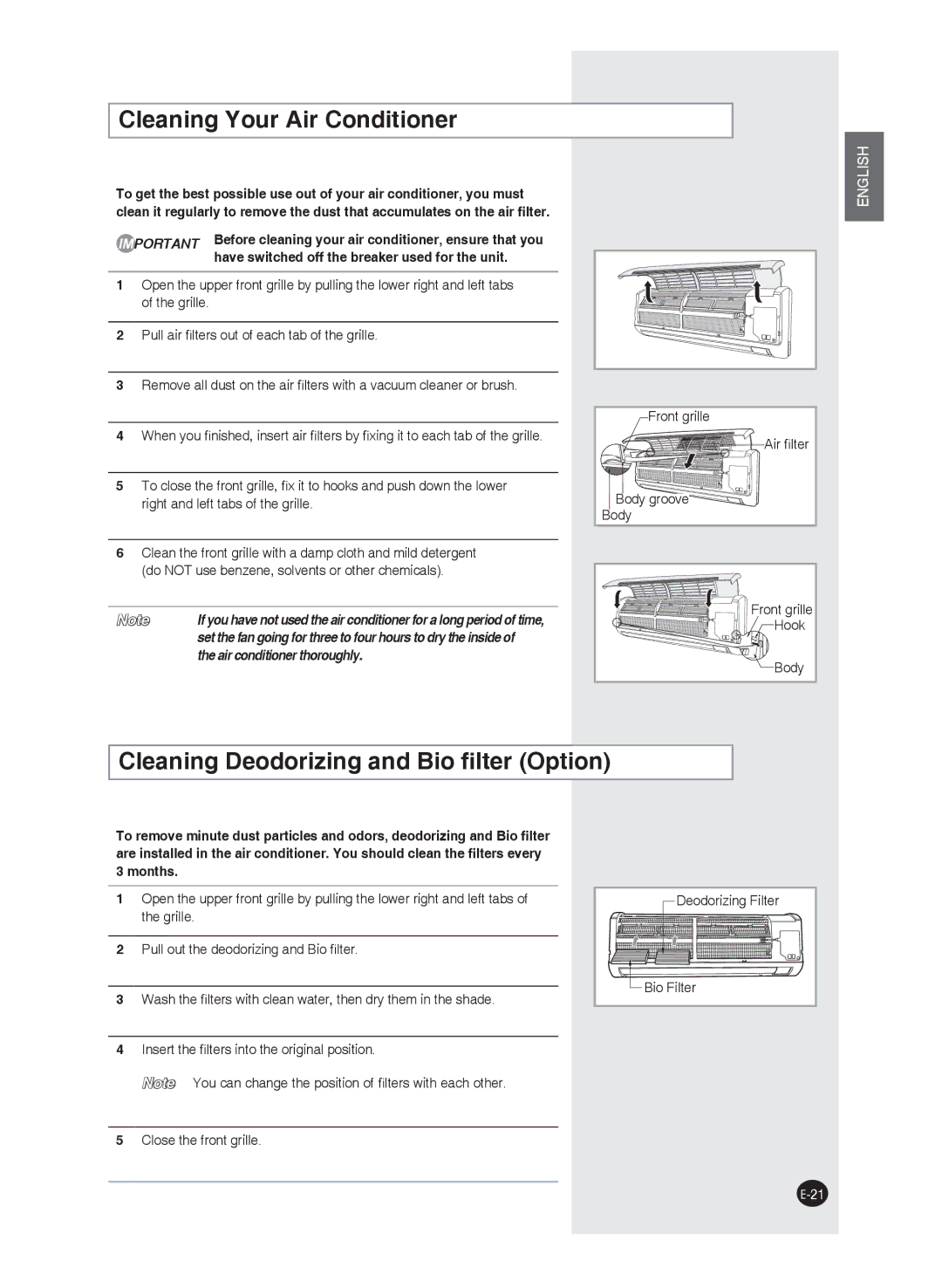 Samsung AQ24FAXMID, AQ09FAN, AQ24FAN, AQ09FAX manual Cleaning Your Air Conditioner, Cleaning Deodorizing and Bio ﬁlter Option 