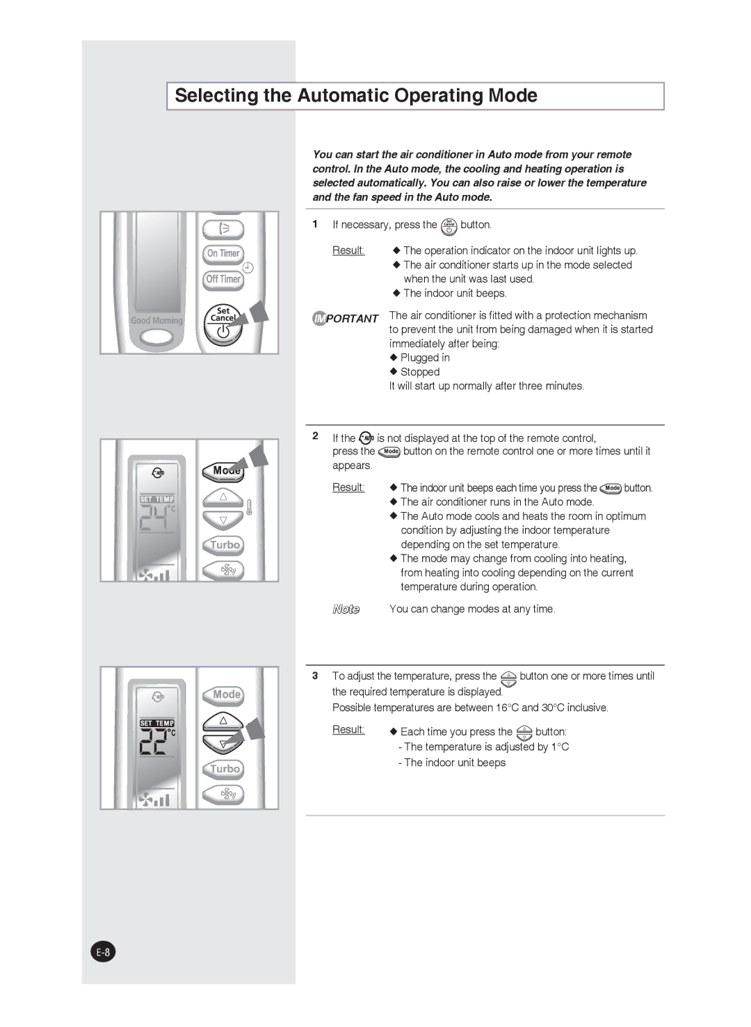 Samsung AQ18FBMID, AQ09FAN, AQ24FAN, AQ09FAX, AQ12FAN Selecting the Automatic Operating Mode, If necessary, press the button 