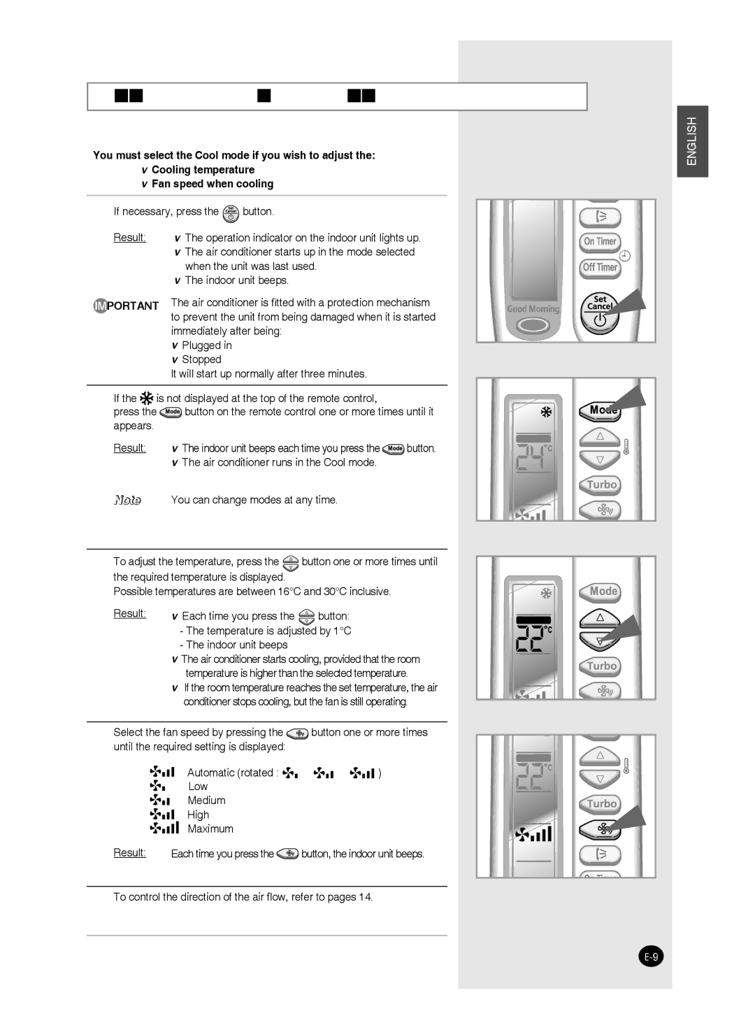 Samsung AQ12FAXMID, AQ09FAN, AQ24FAN, AQ09FAX Cooling Your Room, To control the direction of the air ﬂow, refer to pages 