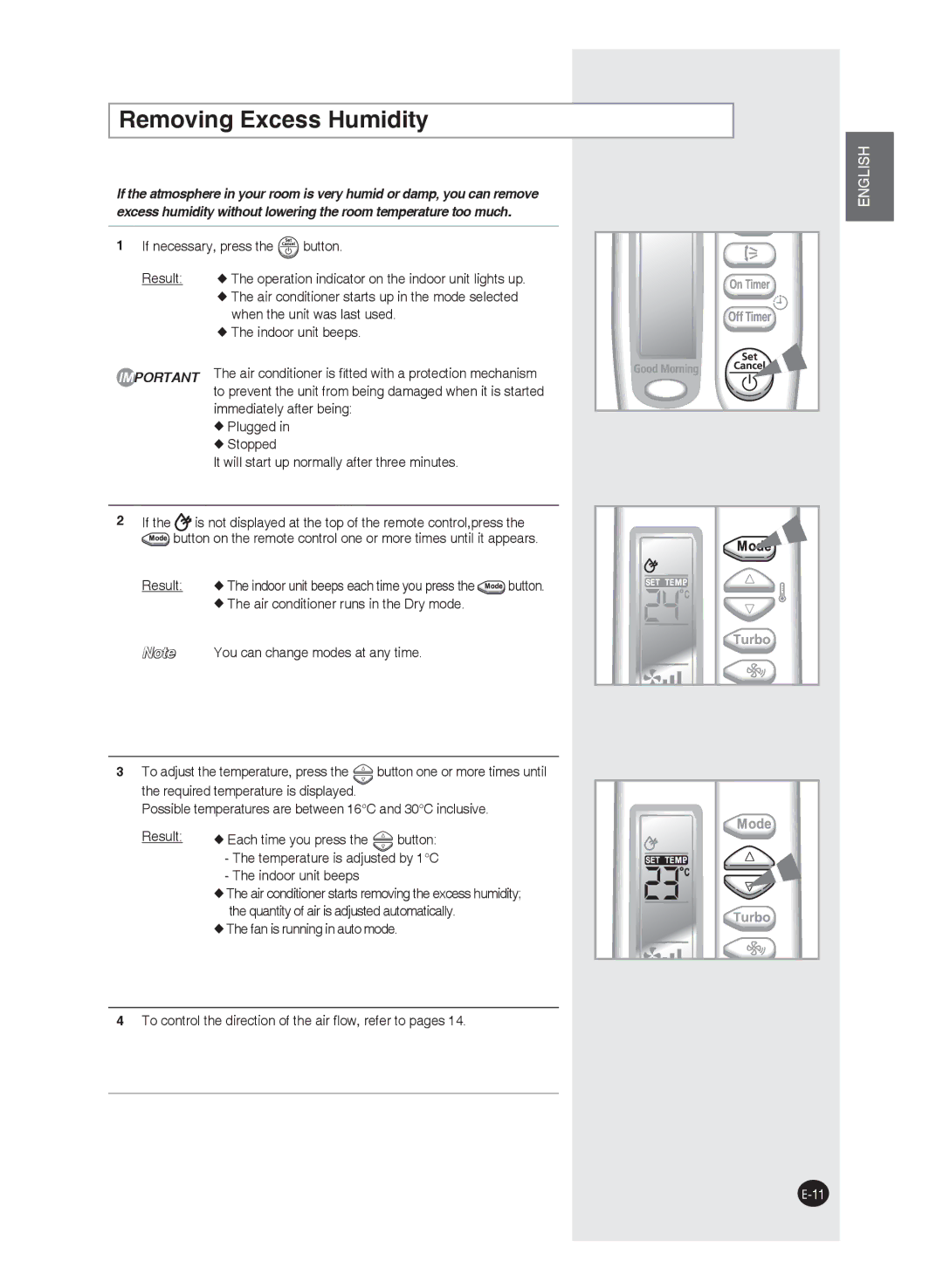 Samsung AQ24FAXEUR, AQ09FAN, AQ24FAN manual Removing Excess Humidity, Is not displayed at the top of the remote control,press 