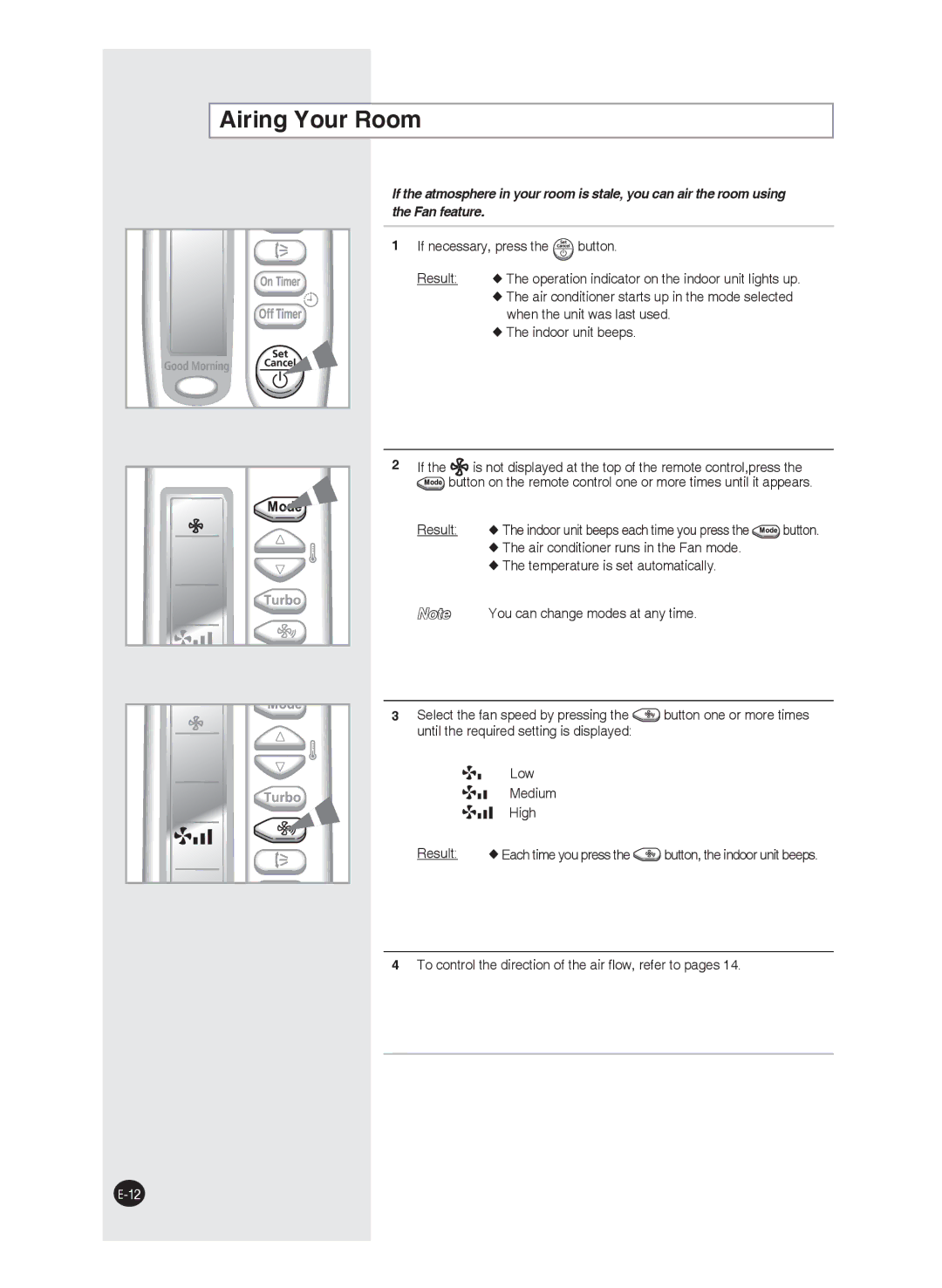 Samsung AQ18FAXEUR, AQ09FAN, AQ24FAN, AQ09FAX, AQ24FAX, AQ18FAN, AQ12FANEUR, AQ12FAXEUR, AQ12FANSEU manual Airing Your Room 