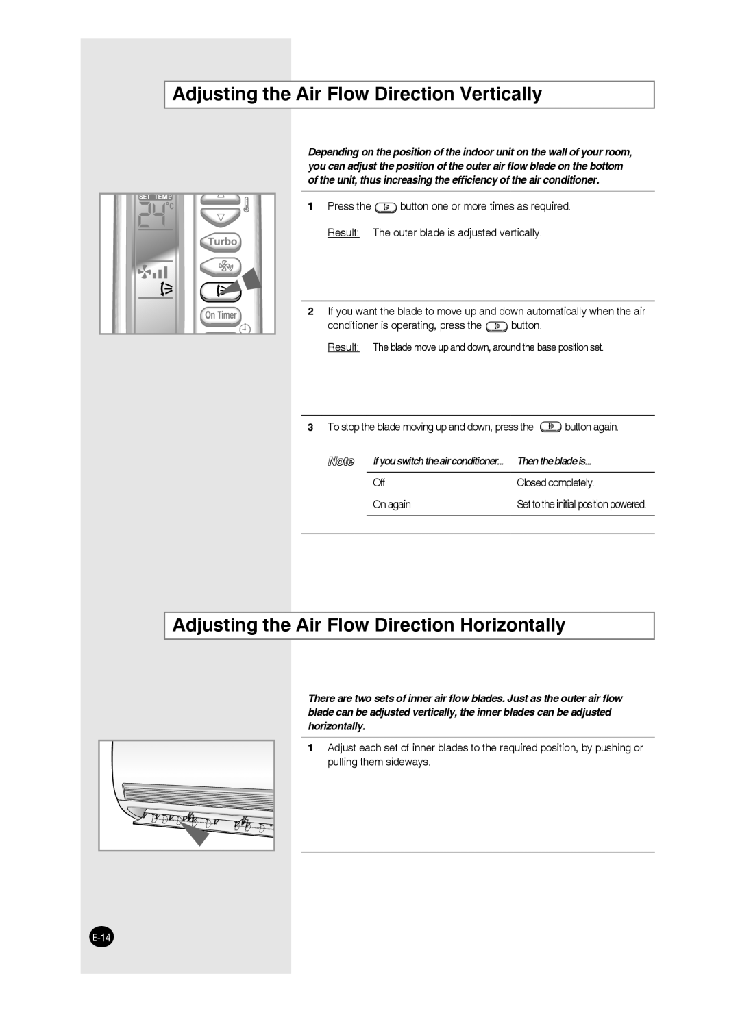 Samsung AQ24FANEUR, AQ09FAN Adjusting the Air Flow Direction Vertically, Adjusting the Air Flow Direction Horizontally 