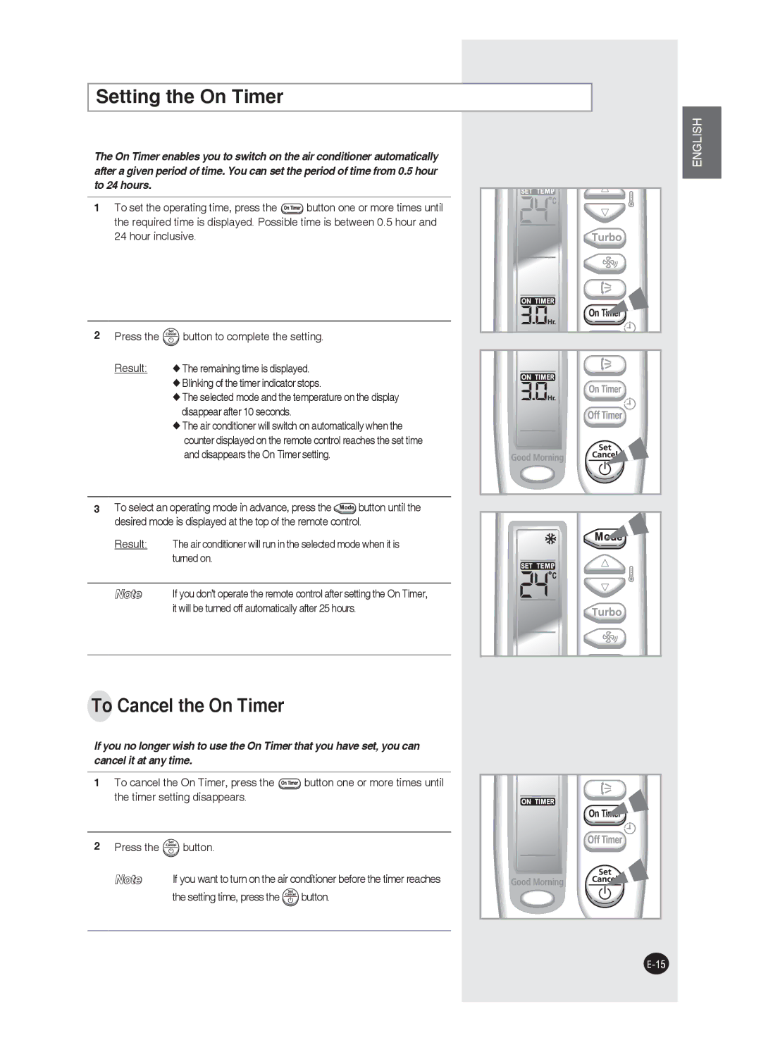 Samsung AQ12FAXSEU, AQ09FAN manual Setting the On Timer, To Cancel the On Timer, Turned on, Setting time, press the button 