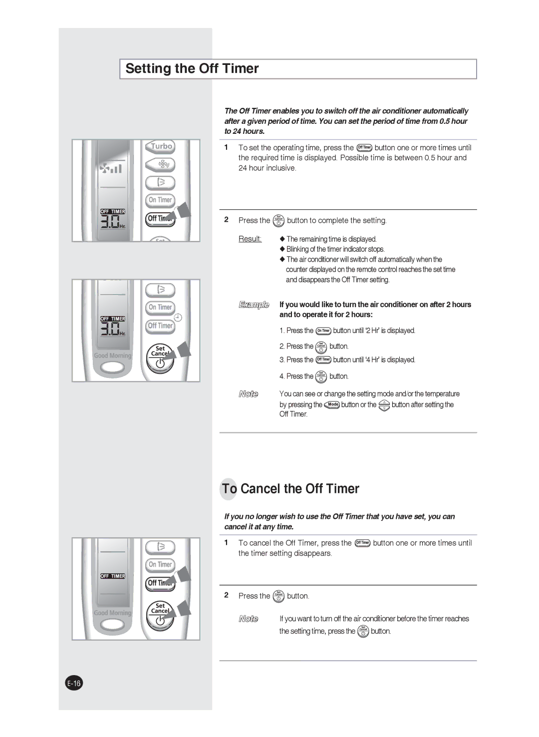 Samsung AQ09FAXEUR, AQ09FAN, AQ24FAN, AQ12FAN, AQ24FAX, AQ18FAN manual Setting the Off Timer, To Cancel the Off Timer, Button or 