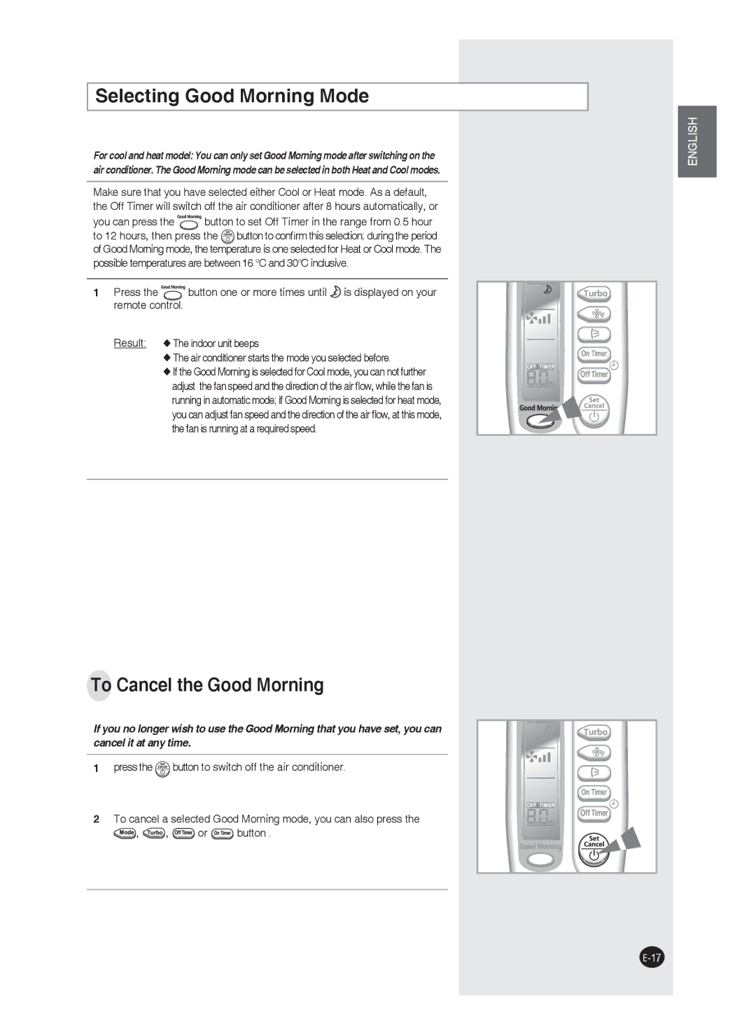 Samsung AQ09FANEUR, AQ24FAN, AQ09FAX, AQ12FAN, AQ24FAX, AQ18FAN manual Selecting Good Morning Mode, To Cancel the Good Morning 