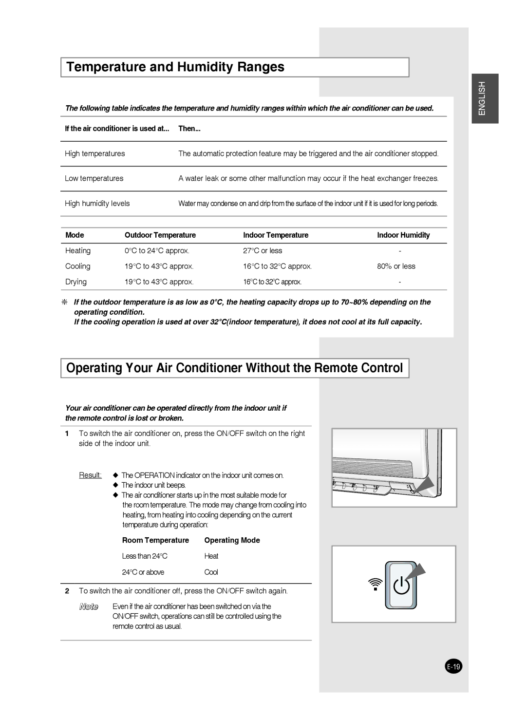 Samsung AQ24FAN, AQ09FAN manual Temperature and Humidity Ranges, Operating Your Air Conditioner Without the Remote Control 