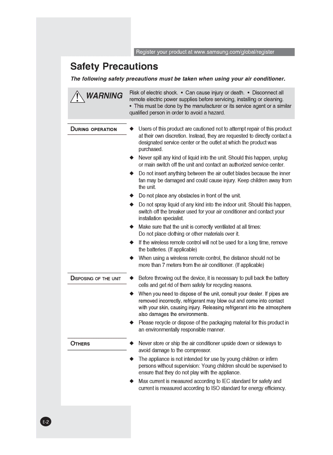 Samsung AQ09FAX, AQ09FAN, AQ24FAN, AQ24FAX, AQ18FAN, AQ18FAX, AQ12FANEUR, AQ12FAXEUR, AQ12FANSEU manual Safety Precautions 