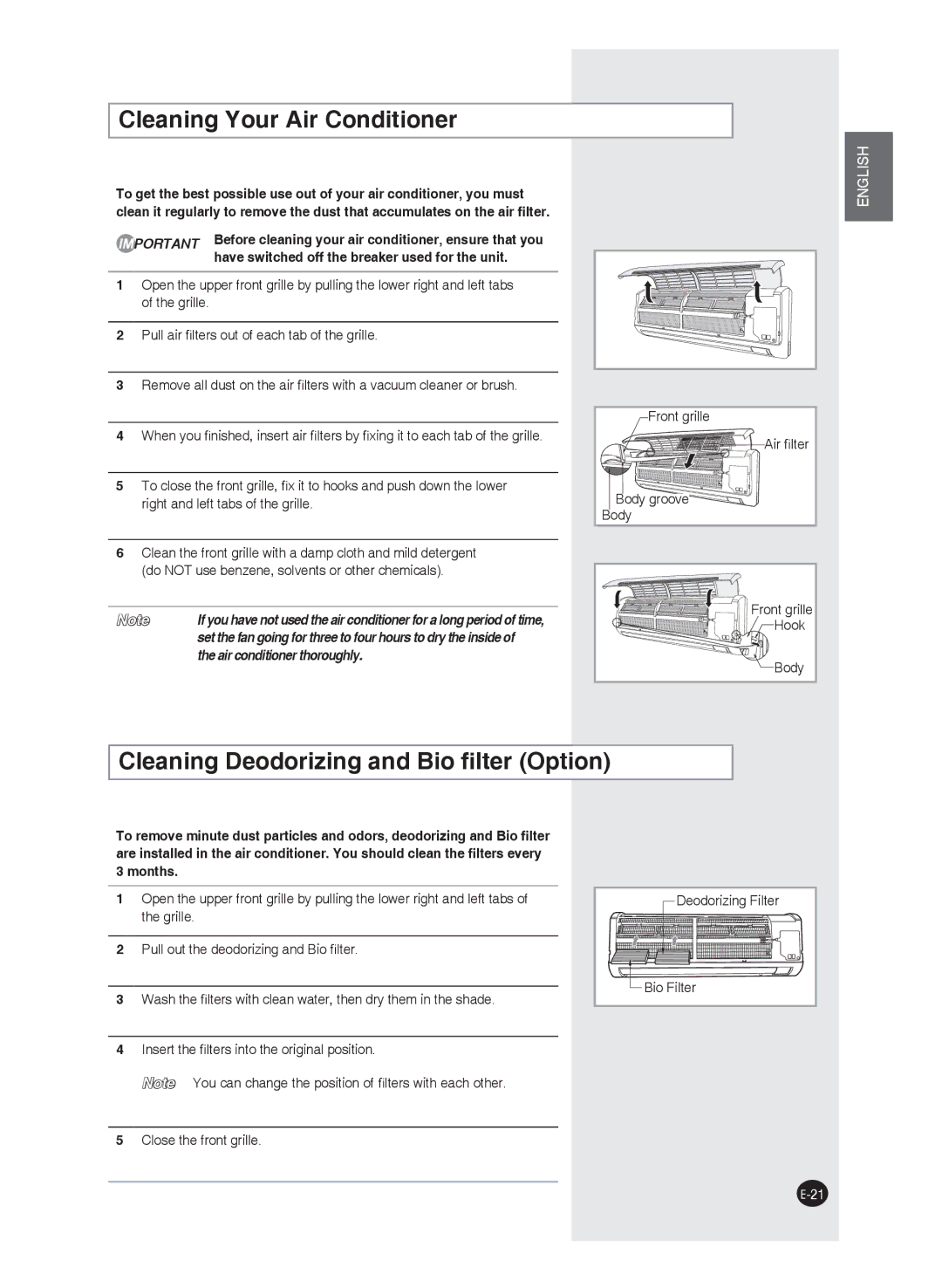 Samsung AQ12FAN, AQ09FAN, AQ24FAN, AQ09FAX, AQ24FAX Cleaning Your Air Conditioner, Cleaning Deodorizing and Bio ﬁlter Option 