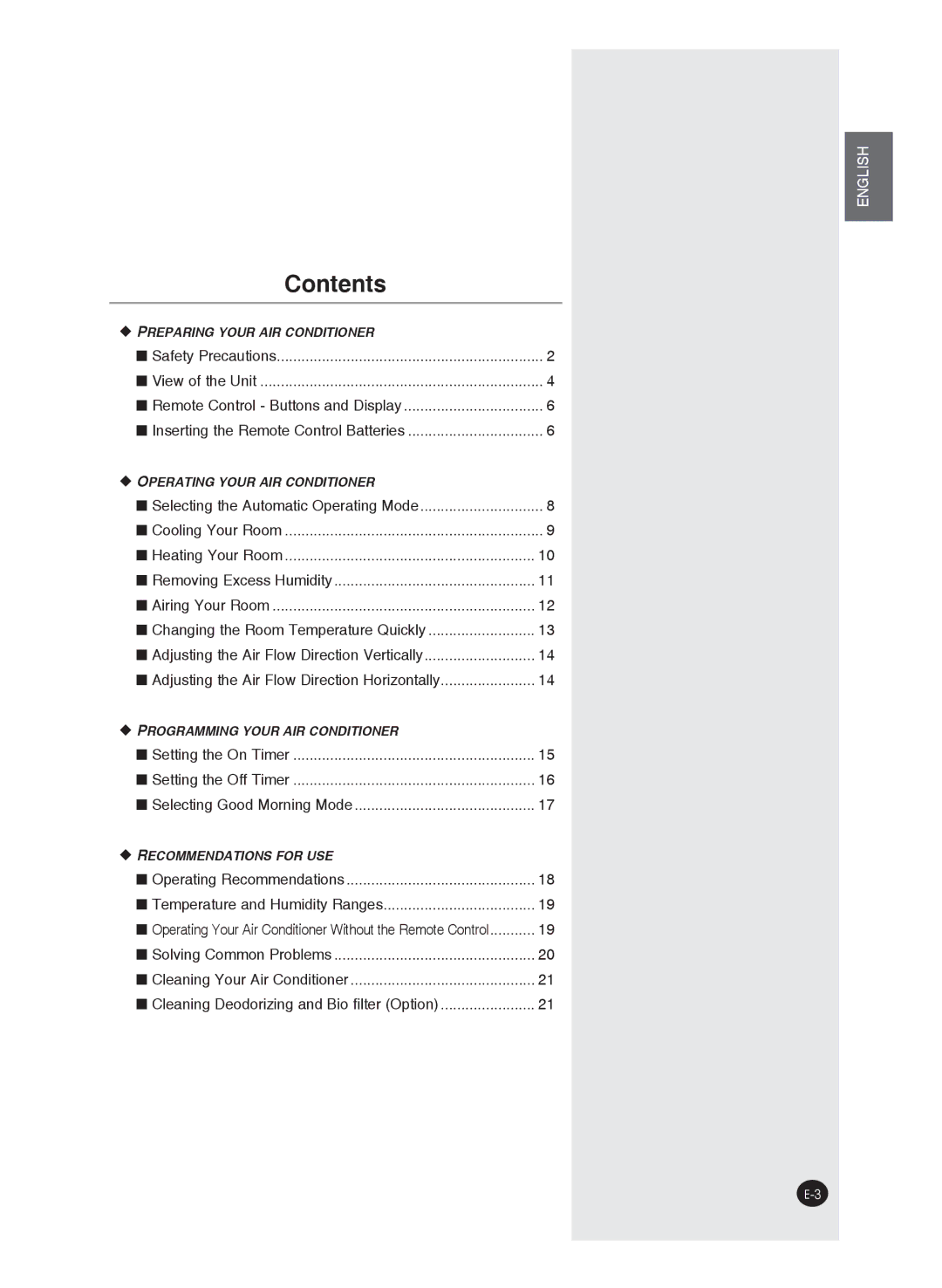 Samsung AQ09FAN, AQ24FAN, AQ09FAX, AQ18FAN, AQ12FANEUR, AQ12FAXEUR, AQ12FANSEU, AQ24FAXEUR, AQ18FAXEUR manual Contents 