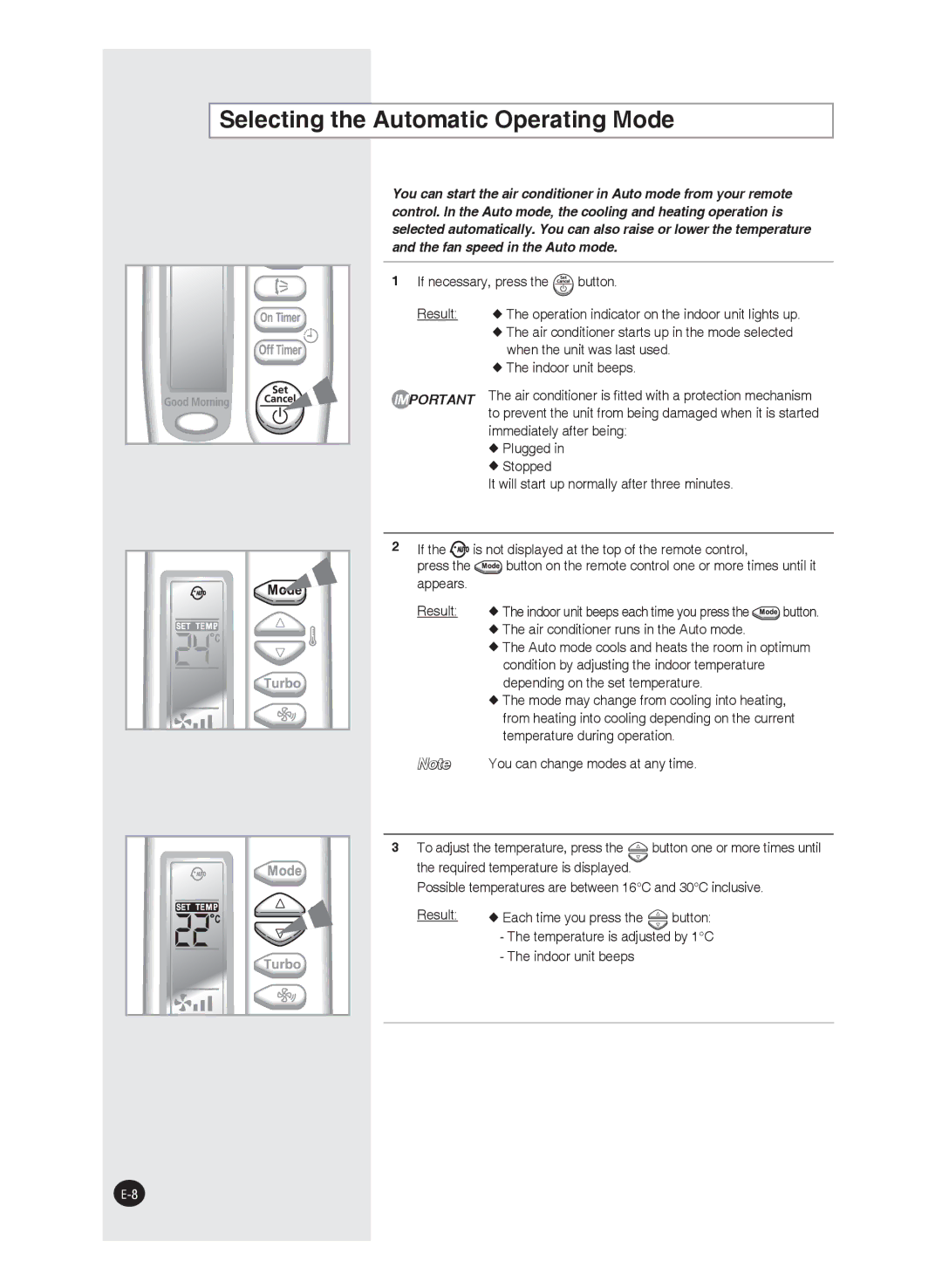 Samsung AQ12FANEUR, AQ09FAN, AQ24FAN, AQ09FAX, AQ24FAX Selecting the Automatic Operating Mode, If necessary, press the button 