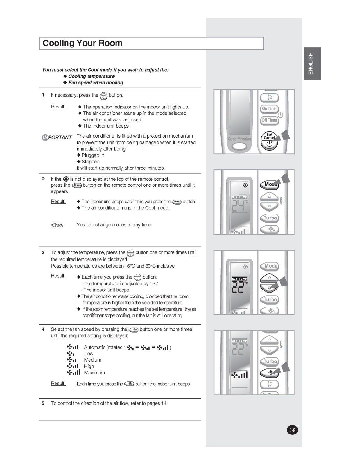 Samsung AQ12FAXEUR, AQ09FAN, AQ24FAN, AQ09FAX Cooling Your Room, To control the direction of the air ﬂow, refer to pages 