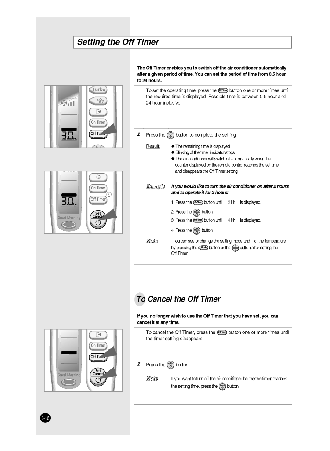 Samsung AQ09JWAXSEU, AQ09FAN, AQ24FAN, AQ09FAX, AQ12FAN, AQ24FAX Setting the Off Timer, To Cancel the Off Timer, Button or 