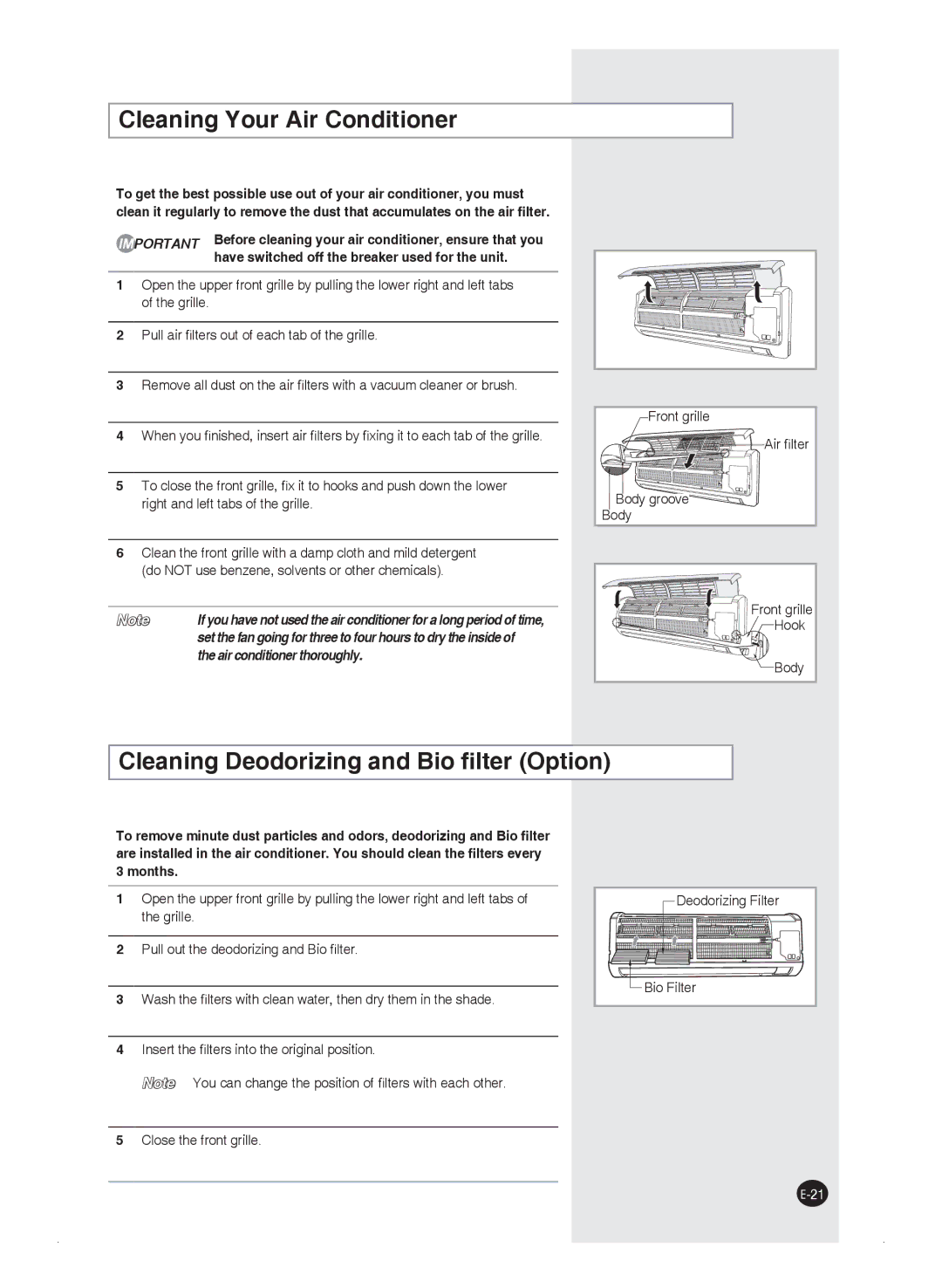 Samsung AQ18FAXSER, AQ09FAN, AQ24FAN, AQ09FAX manual Cleaning Your Air Conditioner, Cleaning Deodorizing and Bio ﬁlter Option 