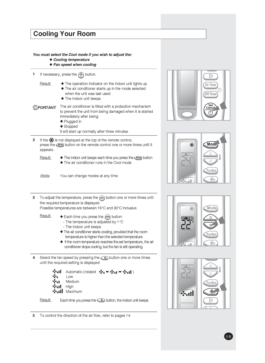 Samsung AQ12FAXEUR, AQ09FAN, AQ24FAN, AQ09FAX Cooling Your Room, To control the direction of the air ﬂow, refer to pages 