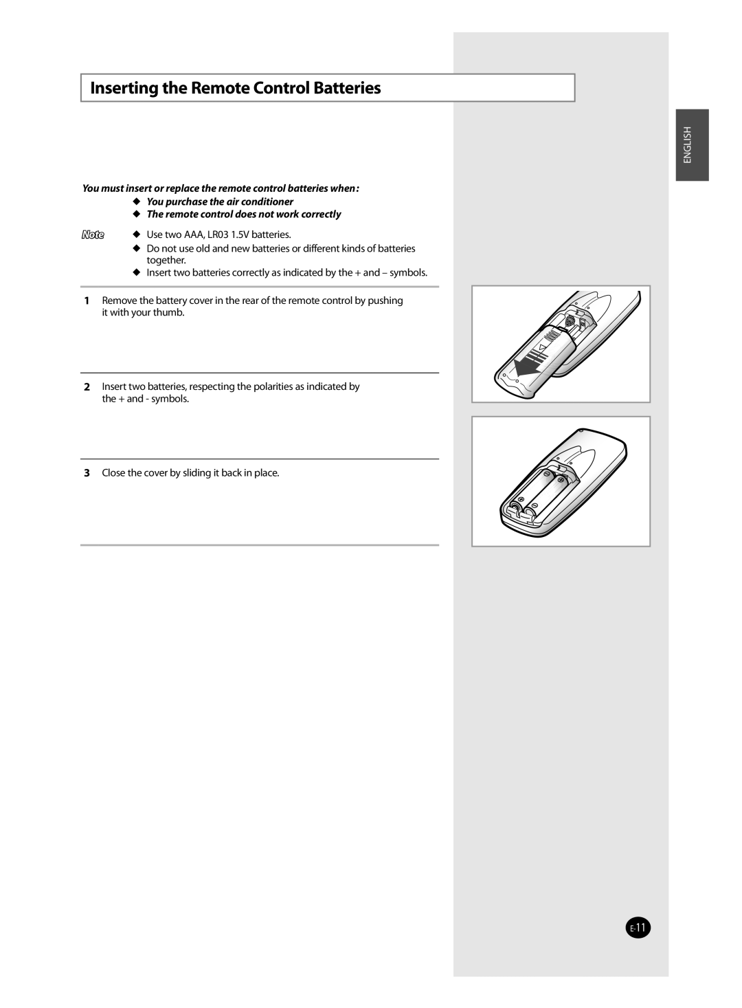 Samsung AQ09FANEUR, AQ24FAN, AQ18FAN, AQ12FBN, AQ12FBX, AQ12FANEUR, AQ12FANSEU manual Inserting the Remote Control Batteries 