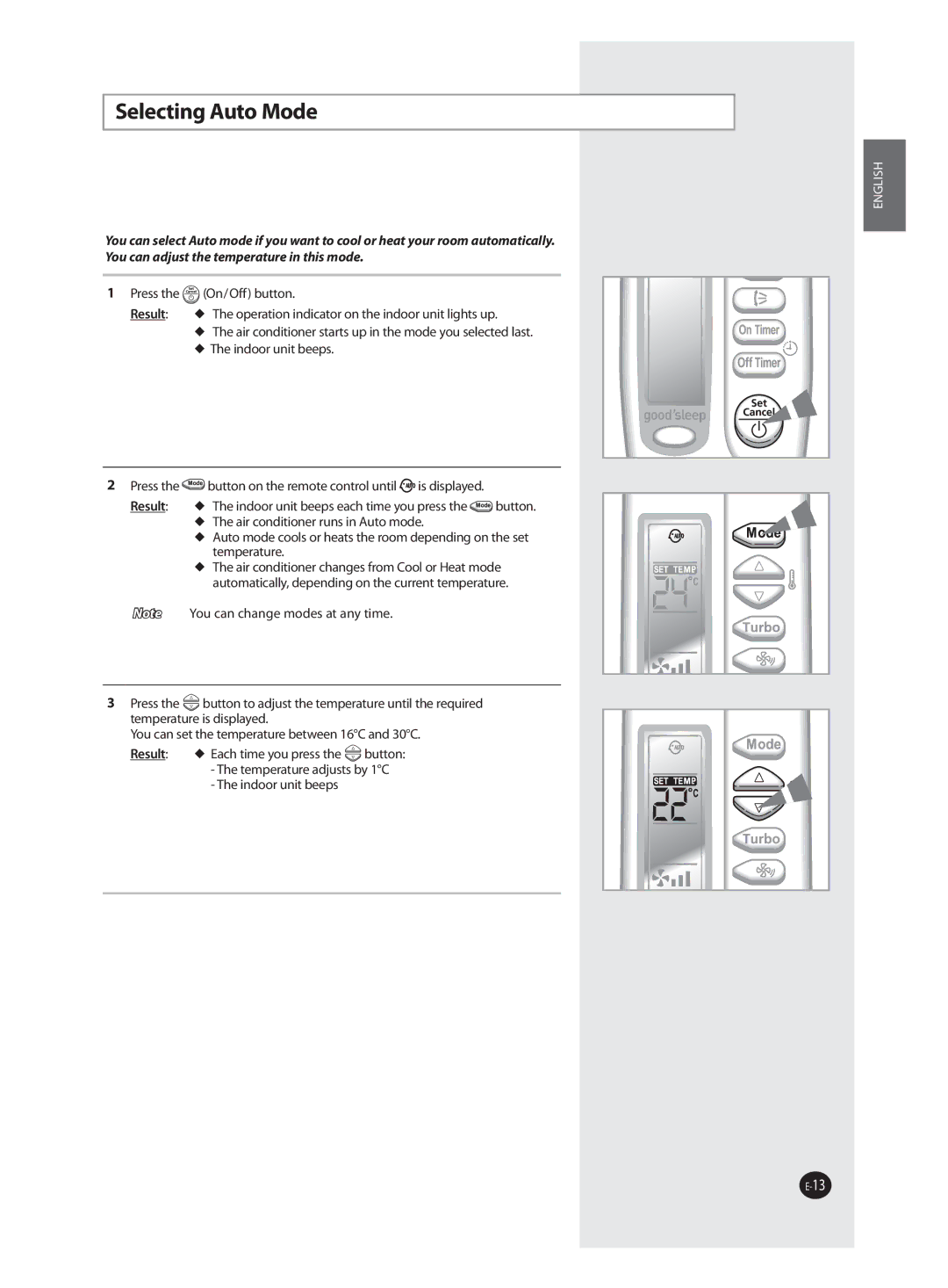 Samsung AQ12JWAN, AQ09FAN, AQ24FAN, AQ12FBN, AQ12FBX, AQ12FANEUR, AQ12FANSEU, AQ18FANEUR manual Selecting Auto Mode, Result 