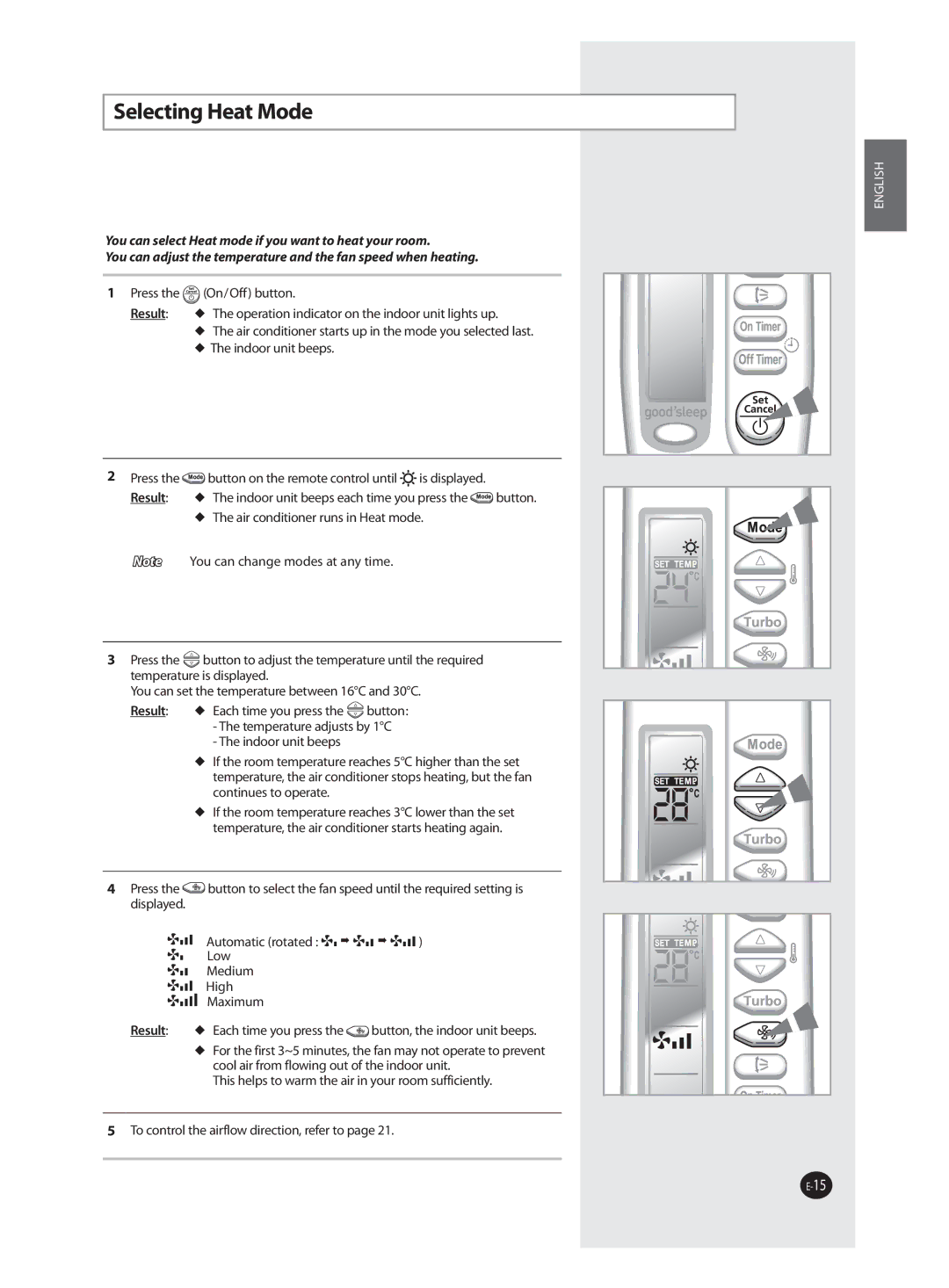 Samsung AQ18FANSEU, AQ09FAN, AQ12FBN, AQ12FBX, AQ12FANEUR, AQ12FANSEU, AQ18FANEUR, AQ24FANEUR, AQ09JWAN Selecting Heat Mode 