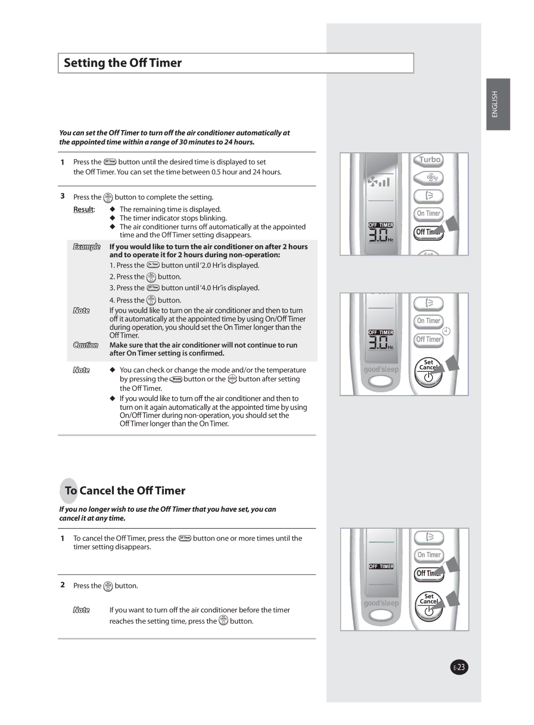 Samsung AQ09FAN, AQ24FAN, AQ18FAN, AQ12FBN, AQ12FBX, AQ12FANEUR, AQ12FANSEU Setting the Oﬀ Timer, To Cancel the Oﬀ Timer 