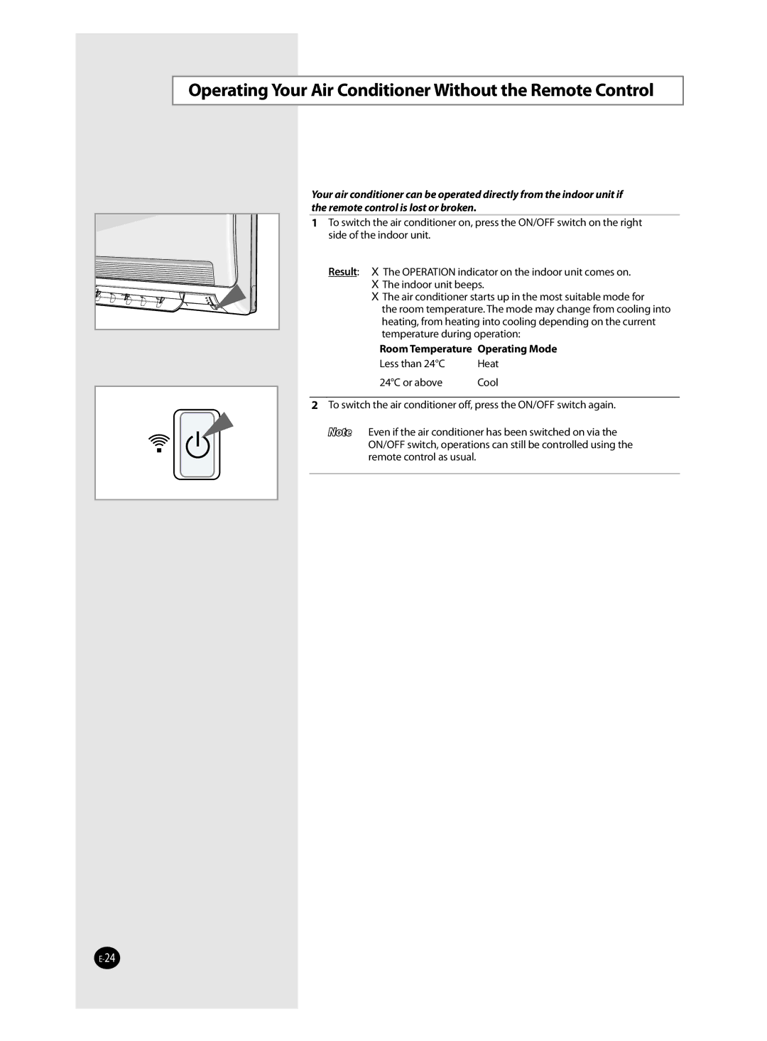 Samsung AQ24FAN, AQ09FAN manual Operating Your Air Conditioner Without the Remote Control, Room Temperature Operating Mode 