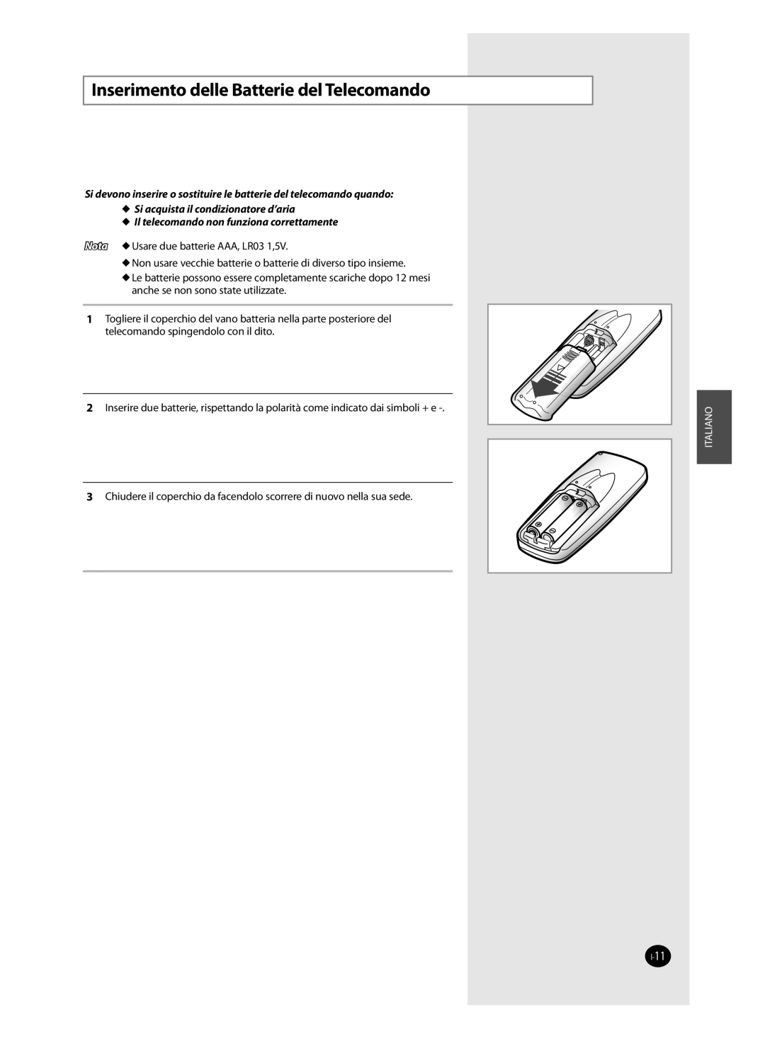 Samsung AQ12FBN, AQ09FAN, AQ24FAN, AQ12FAN, AQ18FAN, AQ12FBX manual Inserimento delle Batterie del Telecomando 