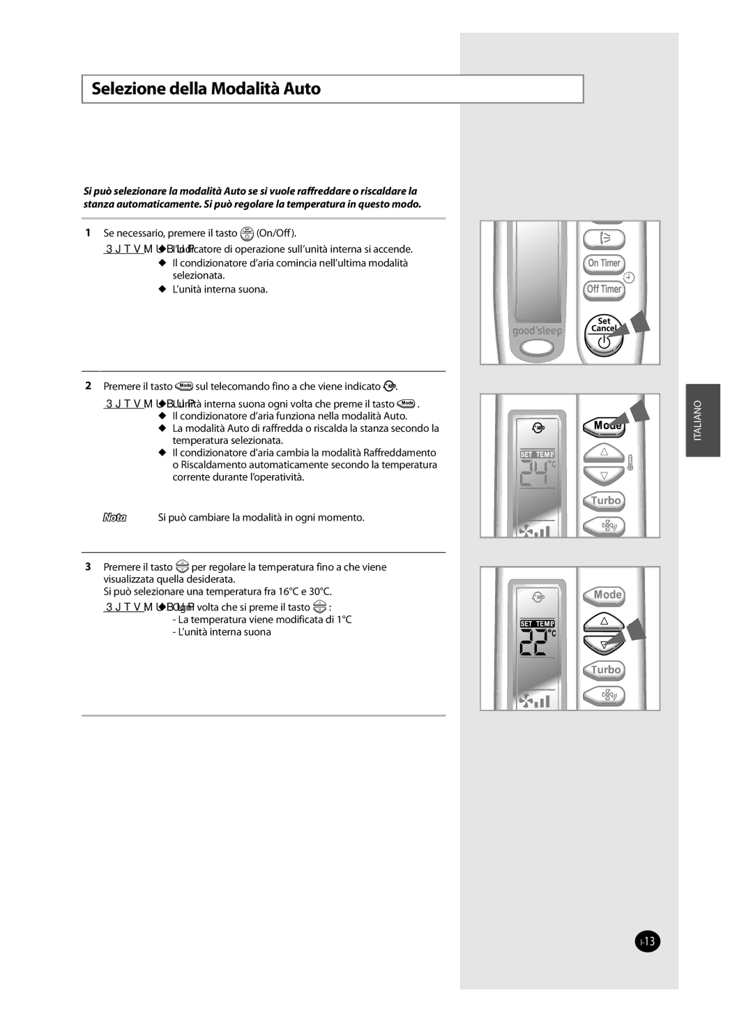 Samsung AQ09FAN, AQ24FAN, AQ12FAN, AQ18FAN, AQ12FBN, AQ12FBX manual Selezione della Modalità Auto 