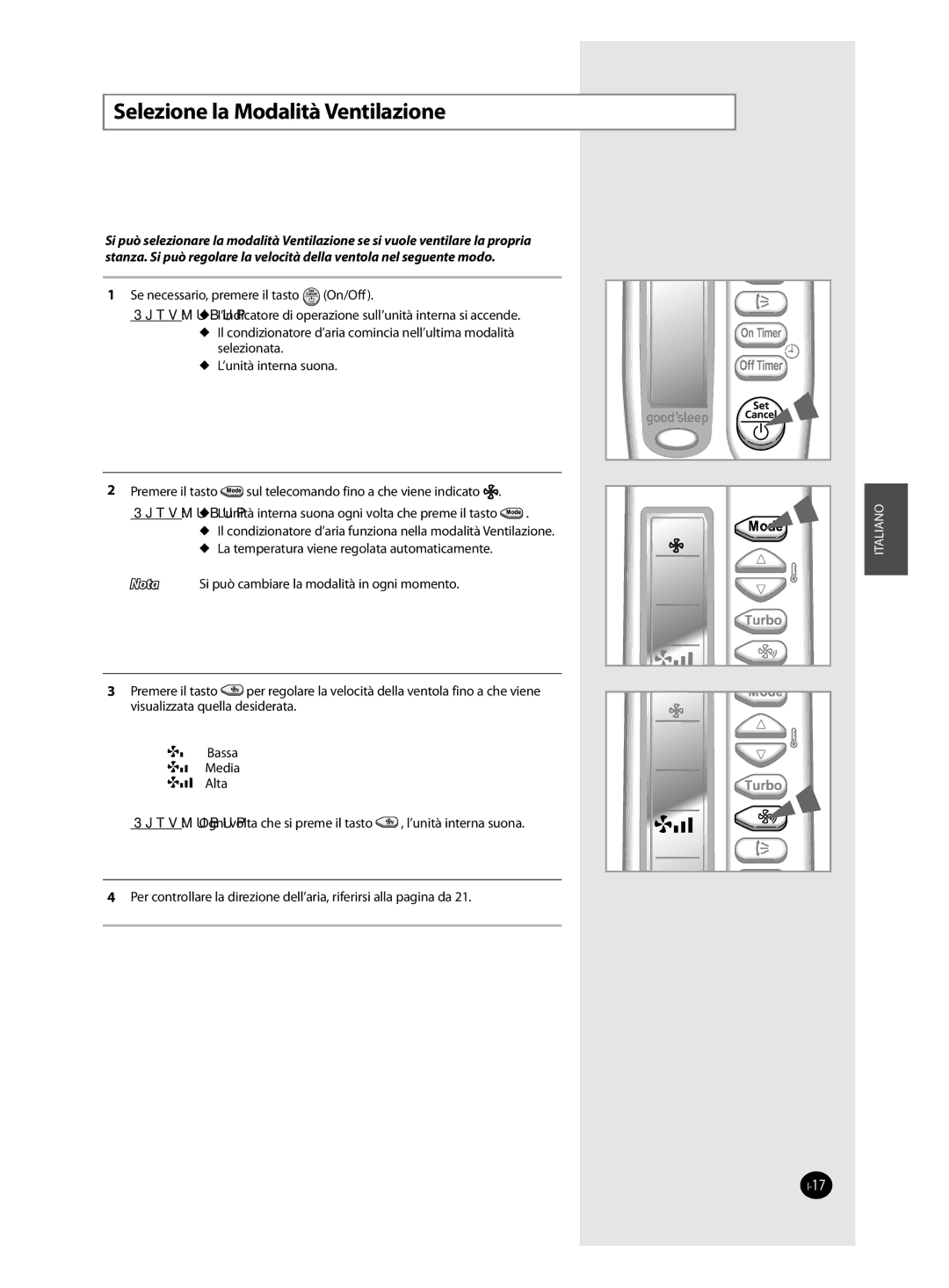 Samsung AQ12FBN, AQ09FAN, AQ24FAN, AQ12FAN, AQ18FAN, AQ12FBX manual Selezione la Modalità Ventilazione 