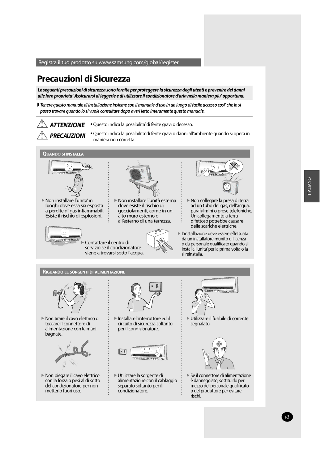 Samsung AQ12FAN, AQ09FAN, AQ24FAN, AQ18FAN, AQ12FBN, AQ12FBX manual Precauzioni di Sicurezza 