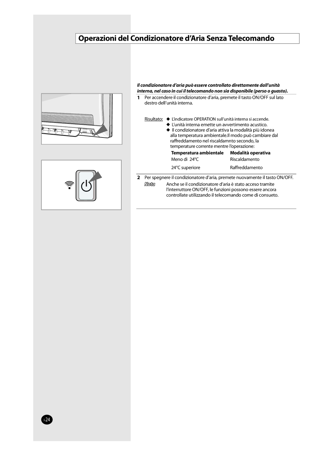 Samsung AQ12FBX, AQ09FAN, AQ24FAN, AQ12FAN Operazioni del Condizionatore d’Aria Senza Telecomando, Temperatura ambientale 