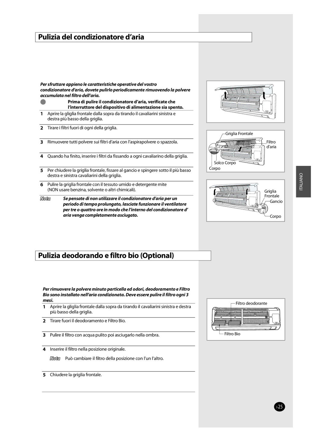 Samsung AQ09FAN, AQ24FAN, AQ12FAN, AQ18FAN manual Pulizia del condizionatore d’aria, Pulizia deodorando e filtro bio Optional 