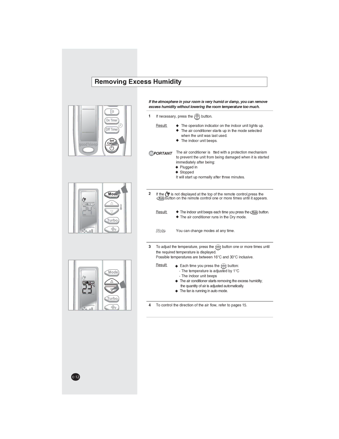 Samsung AQ09NLXSER, AQ09NLNSER manual Removing Excess Humidity 