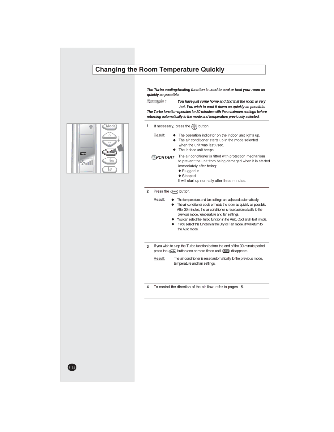 Samsung AQ09NLXSER, AQ09NLNSER manual Changing the Room Temperature Quickly, Previous mode, temperature and fan settings 