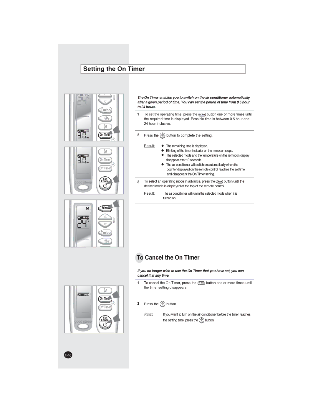 Samsung AQ09NLXSER, AQ09NLNSER manual Setting the On Timer, To Cancel the On Timer 