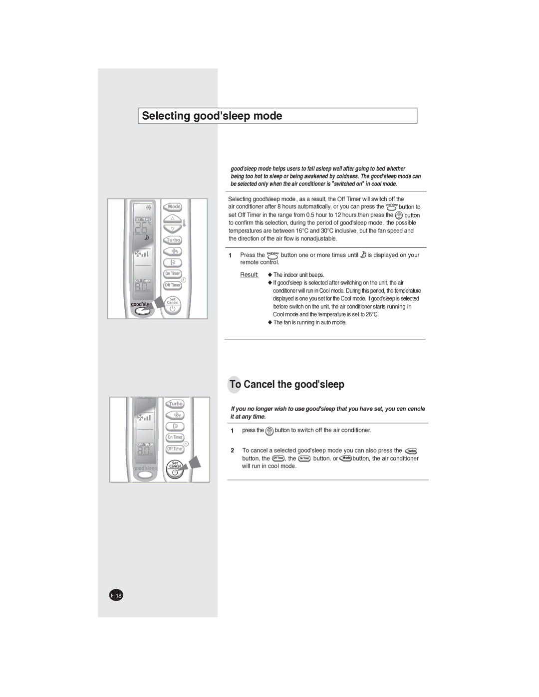 Samsung AQ09NLXSER, AQ09NLNSER manual Selecting goodsleep mode, To Cancel the goodsleep 